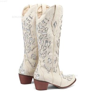 Boots BONJOMARISA Women Cowboy Knee High Boots Glitter Sequined Design Autumn Embroidery Slip On Cowgirls Western Shoes Big Size 43 L230712