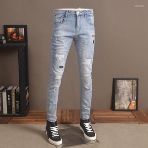 Men's Jeans Light Blue Ripped Patches Summer Casual Slim Fit Pencil Pants Streetwear Printed Denim Trousers