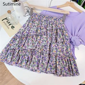 Saias Sutimin Verão Feminino Saias Shorts A-line Floral Estampado Babado Cintura Alta Saias Feminino Cute Sweet Girls Dance Mini Saia Kawaii 230710