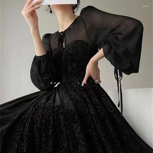 Sıradan elbiseler m-3xl fransa vintage kış partisi elbise kadın o boyun şifon patchwork kadife parıltı, fener kollu siyah uzun