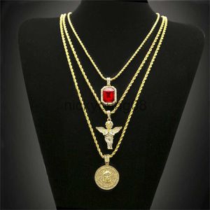 Anhänger Halsketten Hip Hop Vergoldete Halskette Iced Out Strass Kristall Schmuck Set Mit Engel Jesus Anhänger Halsketten Kette Heißer Verkauf x0711