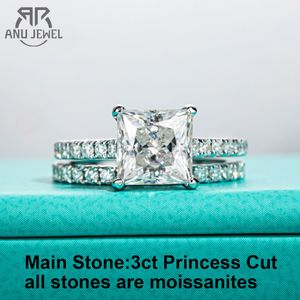 Anujewel 3CT Prenses Kesme D Renk Moissanite Yüzük Seti Gelin Setleri Lüks Nişan Düğün Band Gümüş Yüzükler Gra Wholesale