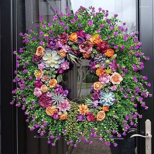 Decorative Flowers Front Door Wreath 55CM Spring Artificial Pink Rose Summer For Outdoor Wall And Window Decor