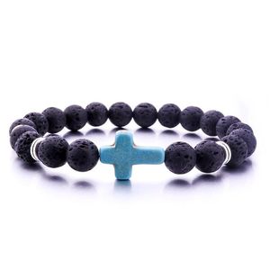 Charm Bracelets Natural Black Lava Stone Turquoise Cross Bracelet Volcano Aromatherapy Essential Oil Diffuser For Women Men Jewelry Dhmgd