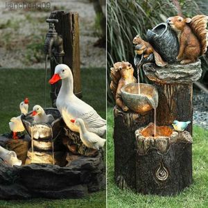 Animal Squirrel Duck Garden Statue with Solar Lights Waterfall Fountain Figurine new L230620