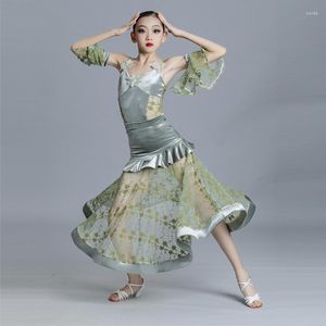 Stage Wear Fashion Modern Dancing Clothes Girls Latin Dance Dress Green Velvet Lace Ballroom Competition Costumes XS5588