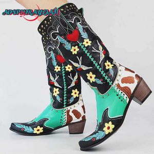 Stivali AOSPHIRAYLIAN Stivale da cowboy da donna vintage occidentale 2023 Fiori da cucire colore misto ricamo patch da lavoro Stivale da cowboy da donna L230711