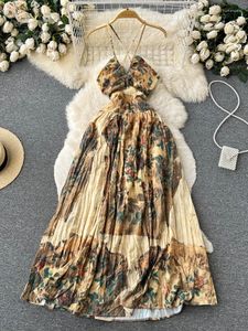 Casual Dresses Vintage Maxi for Women Sexy Printed Suspender V Neck Pleated Backless Lace Up Holiday Beach Long Dress