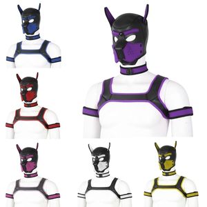 Sex Toys For Couples Removable Puppy Hood Full Face Mask with Collar Chest Harness Belt Sexy SM Fetish Gay Body Dog Cosplay Costume for Drop 230710