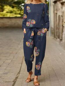 Set Zanzea Autumn Track -Suit 2pcs Women Floral Stamping Pant Sets Vintage Long Bloge Cotton Cantaloni in cotone Sust Casual Matching Set