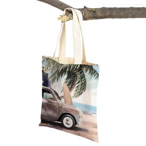 Shopping Bags Double Print Beach Coconut Tree Car Boat Seagull Shopper Bag Reusable Tote Lady Handbag Casual Canvas Woman