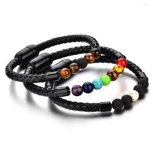 Charm Bracelets Chakra Men's Black Leather Volcanic Frisado Braclets Pedra Com Metal Fecho Magnético Jóias Atacado