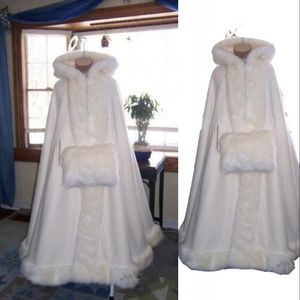 Romantica vendita calda con cappuccio da sposa mantello bianco avorio lunghi mantelli da sposa per l'inverno con pelliccia sintetica da sposa impacchi da sposa mantello da sposa