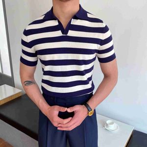 メンズ Tシャツ春夏の新メンズニットポロシャツストライプカジュアルスリム Tシャツ男性ラペルビジネスプルオーバーポロ半袖トップス服 J230711