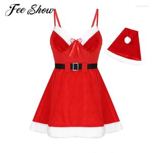 Casual Dresses Womens Christmas Costume Sexy Santa Nightdress Faux Fur Trimming Velvet Dress Spaghetti Straps Flared Mini With Hat