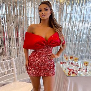 Party Dresses Sexy Red Beading Sequined Mini Cocktail Big Bow Crystals Short Prom Gowns Off The Shoulder Glitter HomecomingDress