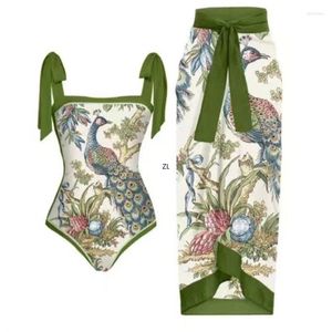 Abbigliamento etnico Due 2 pezzi Gonna abbinata da donna Imposta estate Sexy Bikini da spiaggia per le vacanze Un costume da bagno Stampa pavone Fessura Chiffon Lungo