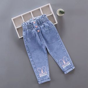 Jeans Barn Flicka Blommor Tecknade Långbyxor Vår Höst Grafittimålning Print Fritidsbyxor med hål Barn Denim 230711