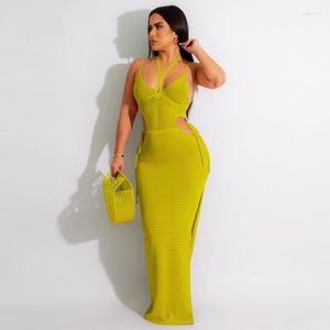Casual Dresses Knitted Solid Hollow Out Backless Beach Camisole Dress For Women Summer Sexy Halter Bandage High Waist Split Maxi