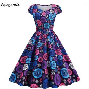 Sukienki na co dzień Vintage Women Pattern Printed Party Dress Wiosna Lato Dekolt w serek Krótki rękaw Swing Mid Elegancki Office Lady Vestidos