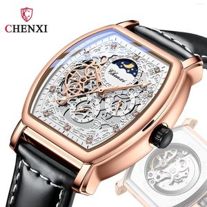 Armbanduhren CHENXI Automatische mechanische Herrenuhr Modemarke Sun Moon Stars ausgehöhlte Armbanduhr Leder wasserdicht Mann Business