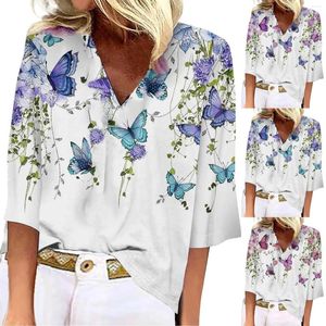 Blusas Femininas Mulher Elegante Blusa de Manga Curta Camisas Femininas de Verão Decote em V Renda Crochê Flowy 3/4 Tops Casuais Camisas