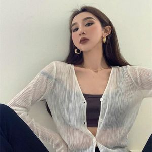 Swimwear Knitted White Cardigans Women Summer Sunscreen Long Sleeve Cropped Shrug Korean See Through Kimono Tops Fashion Sweater