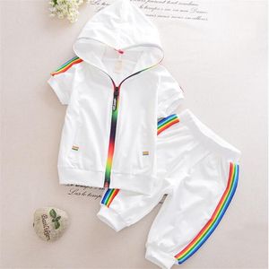 Shorts de casaco listrado arco-íris para crianças 2 peças conjuntos de roupas de grife para crianças meninas meninos roupas de esporte ao ar livre roupas de bebê de verão para 1-5T340P