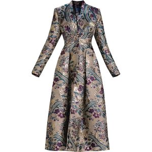 Calças primavera outono jacquard longo casaco trench flora grande bainha jaqueta indie folk vestido de baile casaco blusão vneck casaco vintage