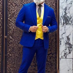 Erkekler Kraliyet Blue Düğün Slim Fit Damat Smokin Tepe Yoklu Blazer 3 Parçalı Set