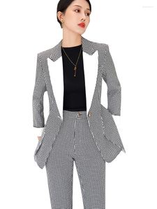 Calças femininas de duas peças xadrez cinza senhoras formal blazer terno de calça feminina negócios trabalho jaqueta e calça feminina 2 conjunto para outono inverno