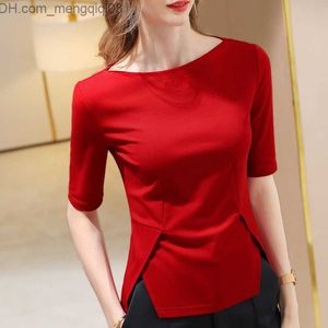 Damen-T-Shirt, rotes Kurzarm-T-Shirt, Damen-Frühling/Sommer-Innenkleid, Basic-Stil, unten genäht, One-Line-Ausschnitt, Y2k-Oberteil (S-3XL) Z230713