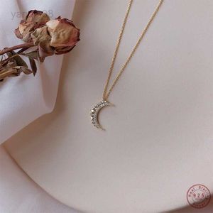 Pendant Necklaces 925 Sterling Silver Pav Crystal Moon Pendant 14k Gold Plating Clavicle Chain Necklace Women Simple Temperament Wedding Jewelry HKD230712