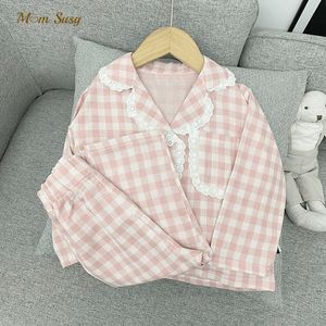Pyjamas Baby Girl Rutiga kläder Set Bomull Rock Byxa 2 ST Vår Höst Spädbarn Småbarn Barn Lounge Suit Hem 1 10Y 230711