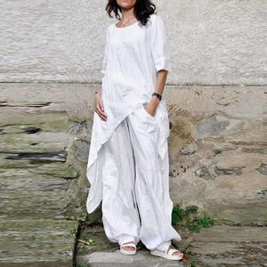 Pantaloni a due pezzi da donna Set da due pezzi in cotone e lino da donna Casual Tinta unita Maniche a 3/4 Camicie Tasche Pantaloni a gamba larga Abito Vestibilità rilassata