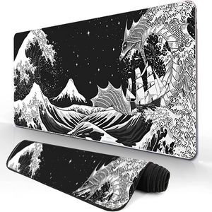 Sea Wave Large Mouse Pad Black and White Desk Mat Laptop Japan Anime Locking Edge Gaming Keyboard Rubber Desk Pad Mouse Mats