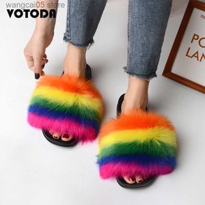 Slippers Women Furry Slippers Faux Fur Slides Mixed Colors Rainbow Flip Flops Fashion Girl Cute Plush Shoes Fluffy Shoes Woman Slides T230712