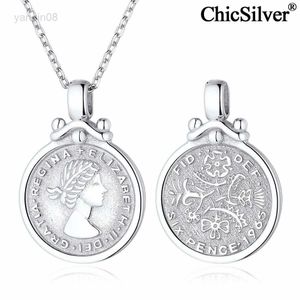 Pendant Necklaces ChicSilver Coin Necklace 925 Sterling Silver Elizabeth British Lucky Sixpence Coin Round Medallion Pendant Jewelry for Women HKD230712