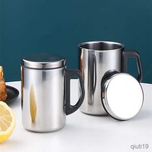 Mugs Large Stainless Steel Coffee Tea Mug with Lid Black Handle Drinkware Double Wall Beer Milk Water Cups Travel Drinking Mug Gift R230712