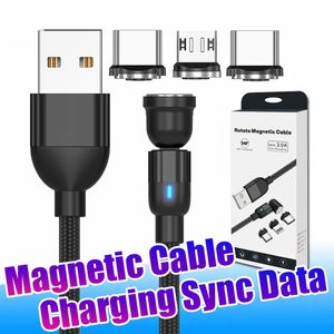 3in1 3A magnetkabel 540° graders USB C-laddningskablar med CE FCC ROHS-laddare för mobiltelefoner med detaljhandelspaket