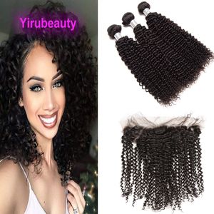 Indian Virgin Hair 3 buntar med 13X6 spets frontal babyhår 4 st/lot Kinky Curly Double Wefts Naturlig Färg 10-30inch