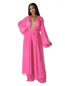 Women's Two Piece Pants Szkzk Mesh Sheer 2pcs Batwing Sleeves Maxi Long Cardigan And Wide Leg Trousers See Through Suit Seaside Party