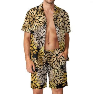 Fatos de treino masculinos Conjuntos masculinos estampados florais dourados Flores modernas Conjunto de camisas casuais Havaí Manga curta Shorts estampados Terno de férias de verão Plus