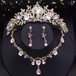 Halsband Örhängen Set Rosa Kronbrud Prinsessan Bröllop Tiaror Blomster Choker Brudörhänge Kostymtillbehör