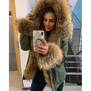 Blazers Maomaokong Roupas de Inverno Mulheres Casaco de Pele Natural Real Gola de Pele de Guaxinim Parkas Forro de Pele Falso Jaqueta Curta Adicionar Placket Cuf Fur