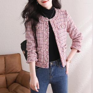 女性のジャケット韓国のファッションフリンジツイードピンクジャケット女性エレガントな春服ボタンクロップコートカジュアル O ネックデザイン生き抜く