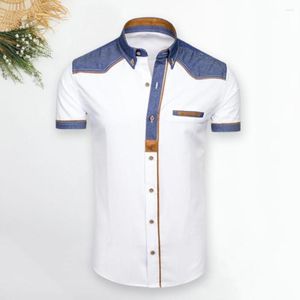 Men's Casual Shirts Men Summer Shirt Lapel Short Sleeve Stitching Contrast Color Stand Collar Match Pants Slim Fit Mid Length Top Clothing