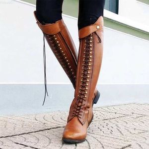 Boots Women Retro Knee High Boots Lace-Up High Quality PU Platform Riding Boots Female Zip Low Square Heel Plus Size Footwears Ladies L230712