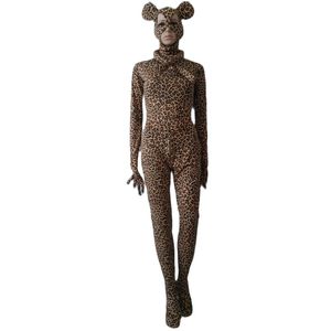 Traje cosplay de halloween anime animal Meia-calça padrão leopardo Macacão Bodysuit Fancy Zentai Ternos nas costas Zíper de 3 vias com caudas removíveis