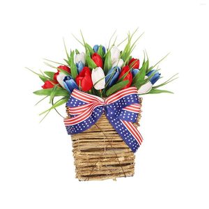 Decorative Flowers Patriotic Independence Day Wreath Greenery Handmade Hanging Ornament For Window Indoor Outdoor Home Garden